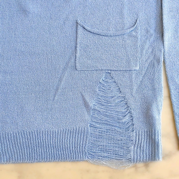 NWOT. Cropped Length Dropped Shoulder Ripped Blue Sweater with pocket. - Picture 4 of 4